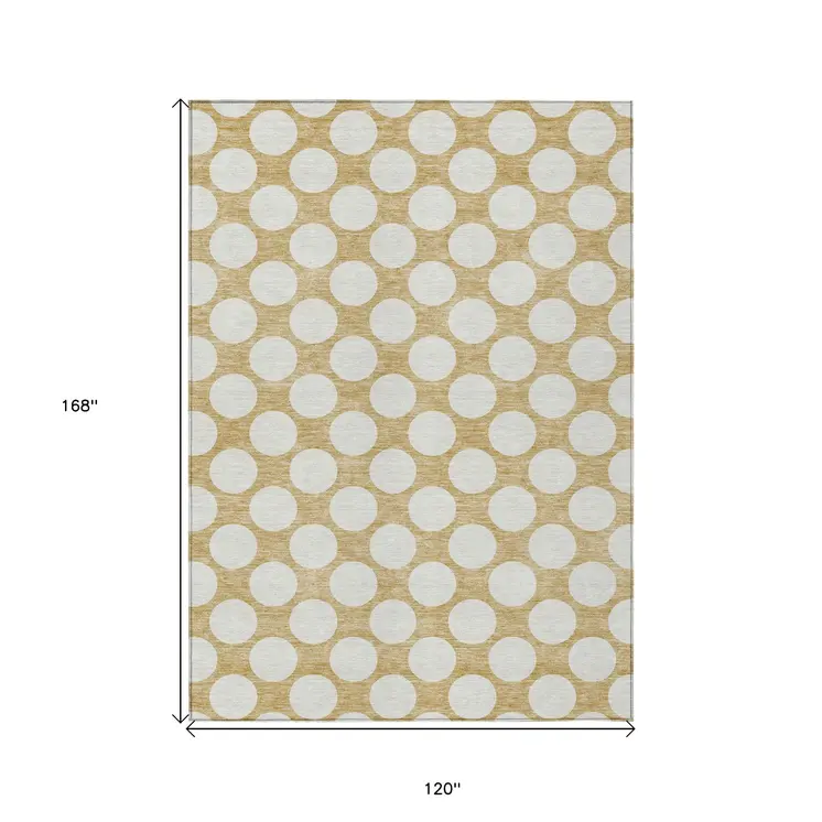 10' X 14' Gold And Beige Polka Dot Washable Indoor Outdoor Area Rug
