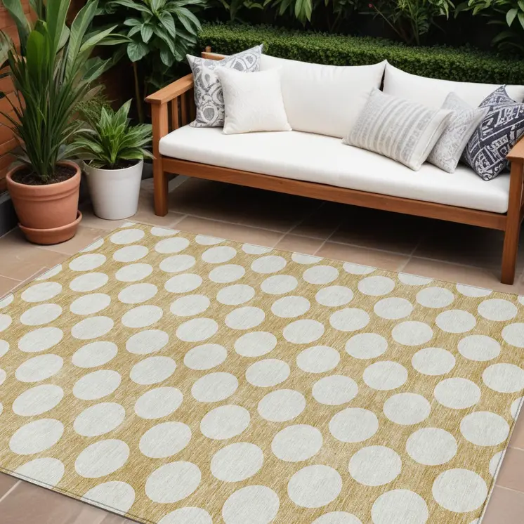 10' X 14' Gold And Beige Polka Dot Washable Indoor Outdoor Area Rug