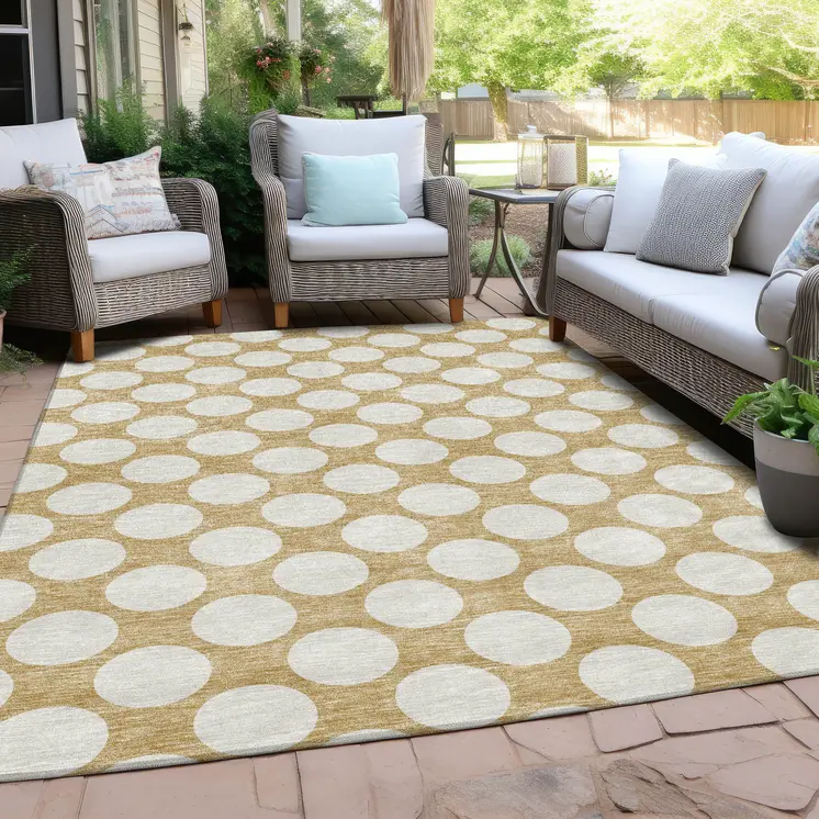 10' X 14' Gold And Beige Polka Dot Washable Indoor Outdoor Area Rug