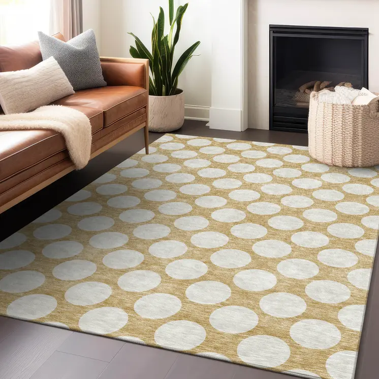 10' X 14' Gold And Beige Polka Dot Washable Indoor Outdoor Area Rug