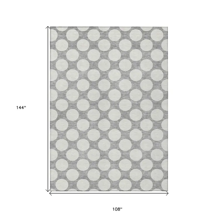 9' X 12' Gray And Silver Polka Dot Washable Indoor Outdoor Area Rug