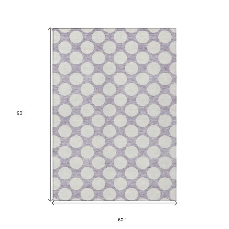 5' X 8' Lavender And Ivory Polka Dot Washable Indoor Outdoor Area Rug
