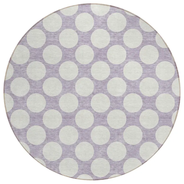 8' Lavender And Ivory Round Polka Dot Washable Indoor Outdoor Area Rug