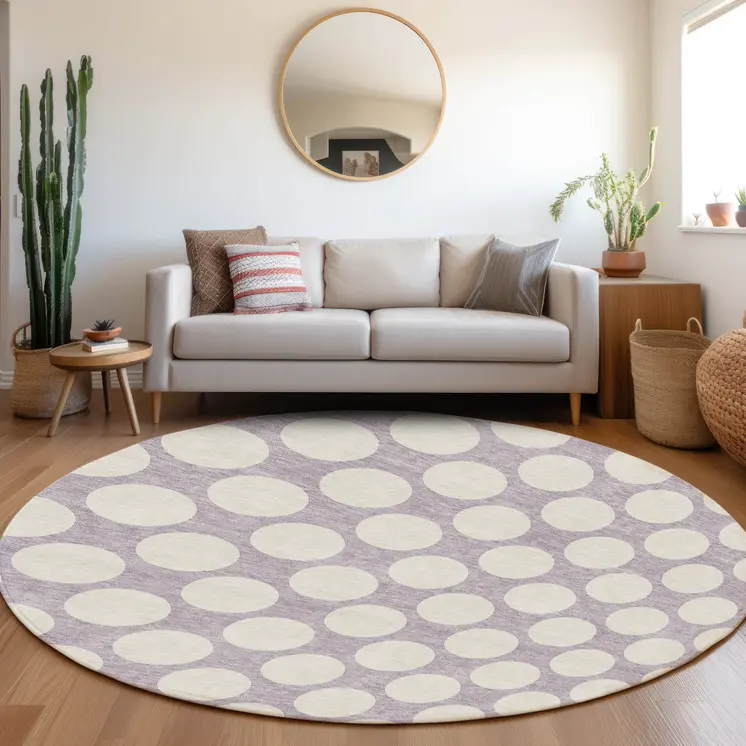 8' Lavender And Ivory Round Polka Dot Washable Indoor Outdoor Area Rug