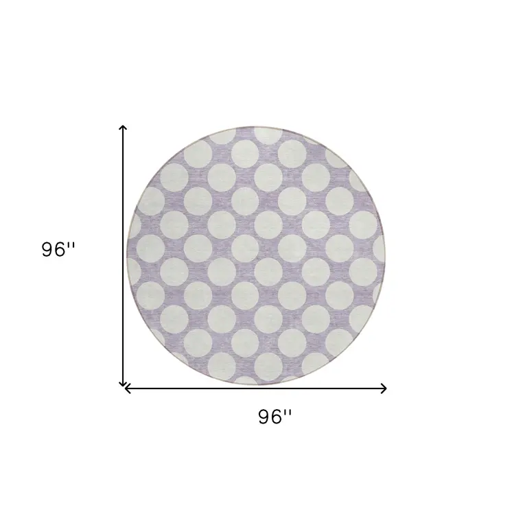 8' Lavender And Ivory Round Polka Dot Washable Indoor Outdoor Area Rug
