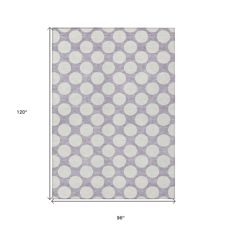 8' X 10' Lavender And Ivory Polka Dot Washable Indoor Outdoor Area Rug