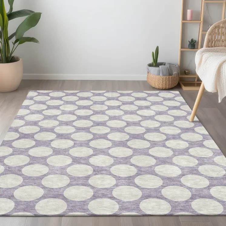 8' X 10' Lavender And Ivory Polka Dot Washable Indoor Outdoor Area Rug