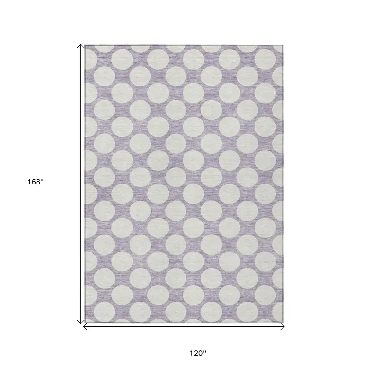 10' X 14' Lavender And Ivory Polka Dot Washable Indoor Outdoor Area Rug