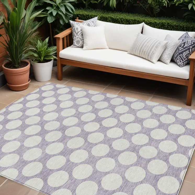 10' X 14' Lavender And Ivory Polka Dot Washable Indoor Outdoor Area Rug