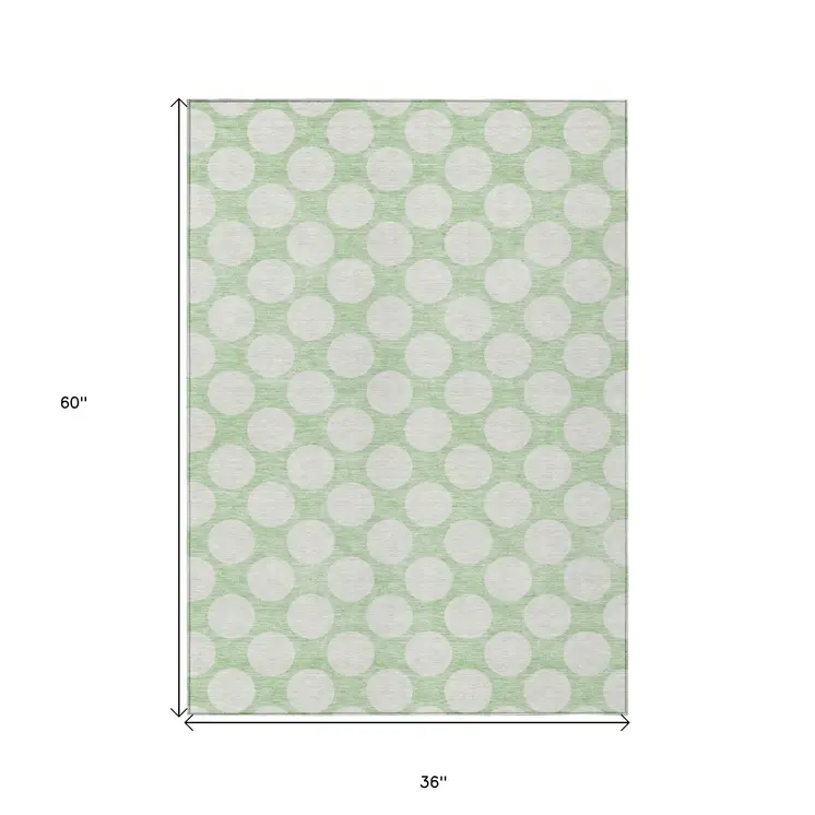 3' X 5' Mint Green And Ivory Polka Dot Washable Indoor Outdoor Area Rug