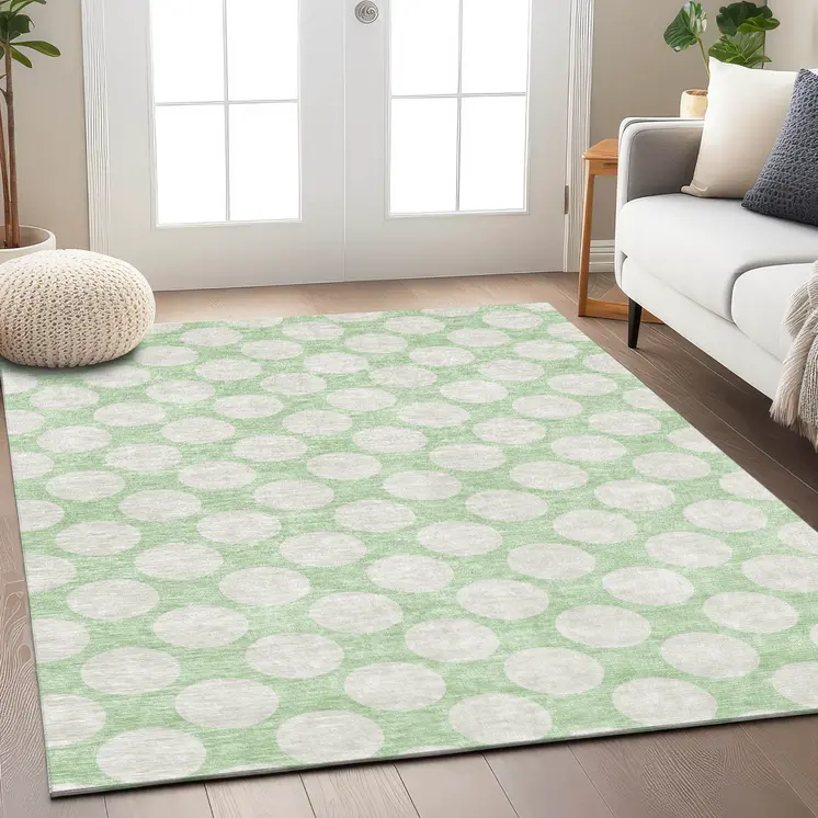 3' X 5' Mint Green And Ivory Polka Dot Washable Indoor Outdoor Area Rug