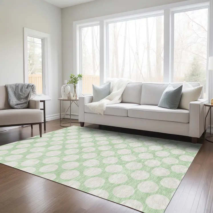 3' X 5' Mint Green And Ivory Polka Dot Washable Indoor Outdoor Area Rug