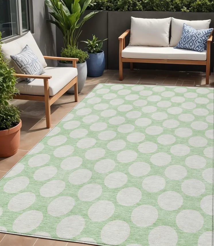 5' X 8' Mint Green And Ivory Polka Dot Washable Indoor Outdoor Area Rug