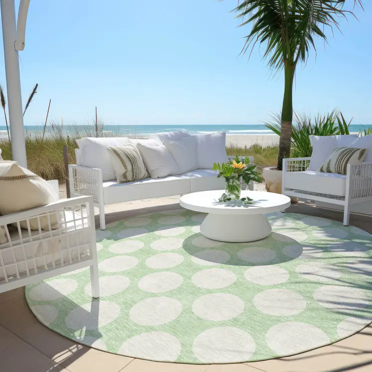 8' Mint Green And Ivory Round Polka Dot Washable Indoor Outdoor Area Rug