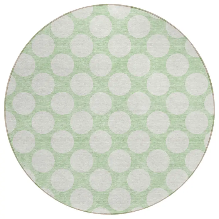 8' Mint Green And Ivory Round Polka Dot Washable Indoor Outdoor Area Rug
