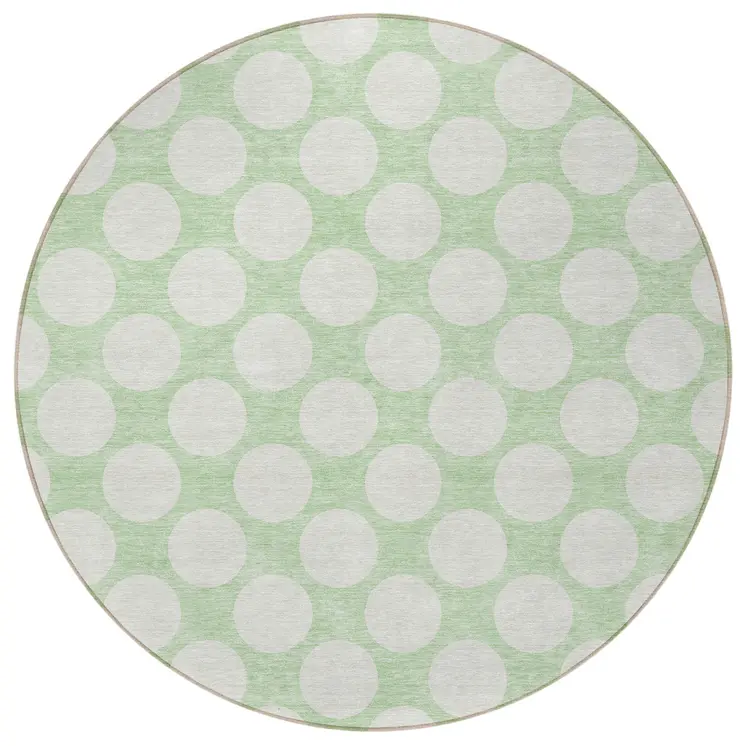 8' Mint Green And Ivory Round Polka Dot Washable Indoor Outdoor Area Rug