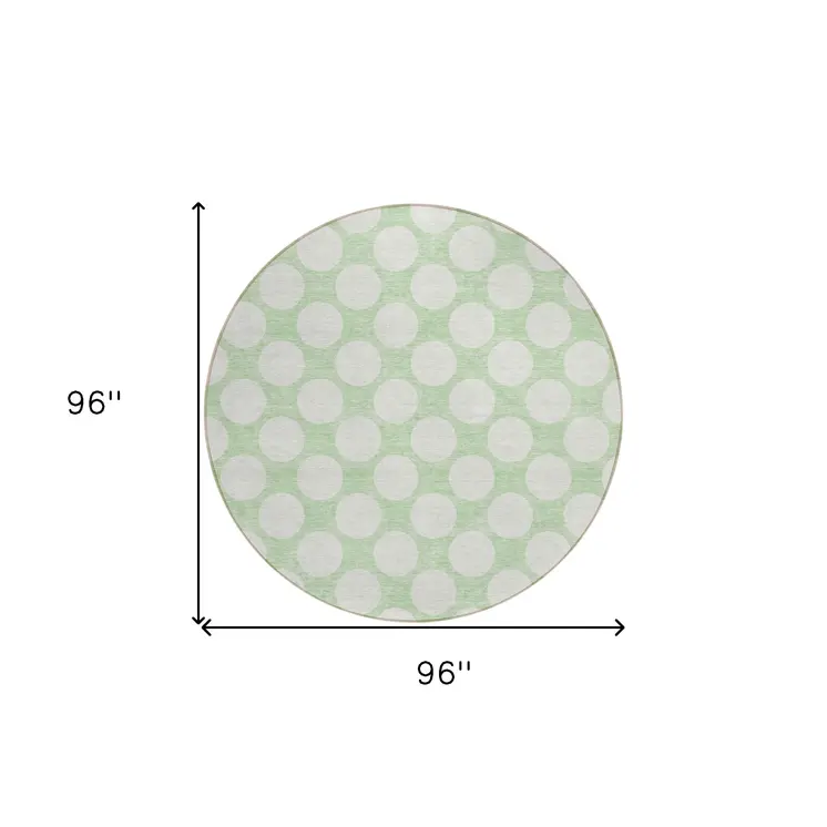 8' Mint Green And Ivory Round Polka Dot Washable Indoor Outdoor Area Rug