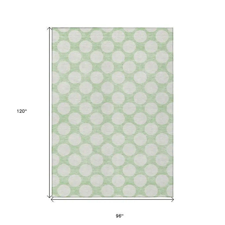 8' X 10' Mint Green And Ivory Polka Dot Washable Indoor Outdoor Area Rug