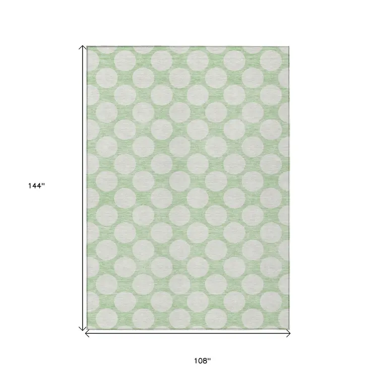 9' X 12' Mint Green And Ivory Polka Dot Washable Indoor Outdoor Area Rug