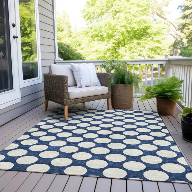 3' X 5' Navy Blue And Ivory Polka Dot Washable Indoor Outdoor Area Rug