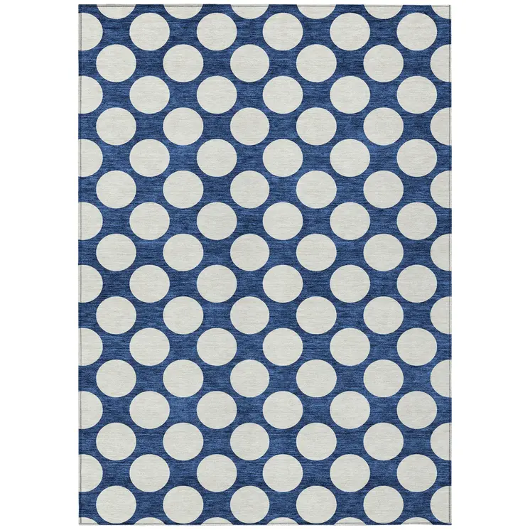5' X 8' Navy Blue And Ivory Polka Dot Washable Indoor Outdoor Area Rug