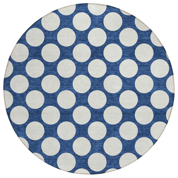 8' Navy Blue And Ivory Round Polka Dot Washable Indoor Outdoor Area Rug