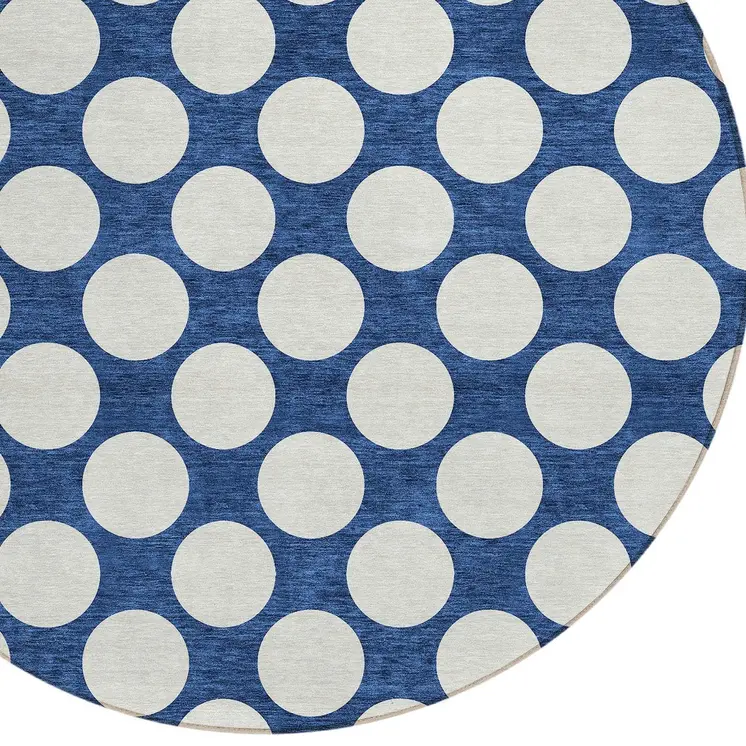 8' Navy Blue And Ivory Round Polka Dot Washable Indoor Outdoor Area Rug