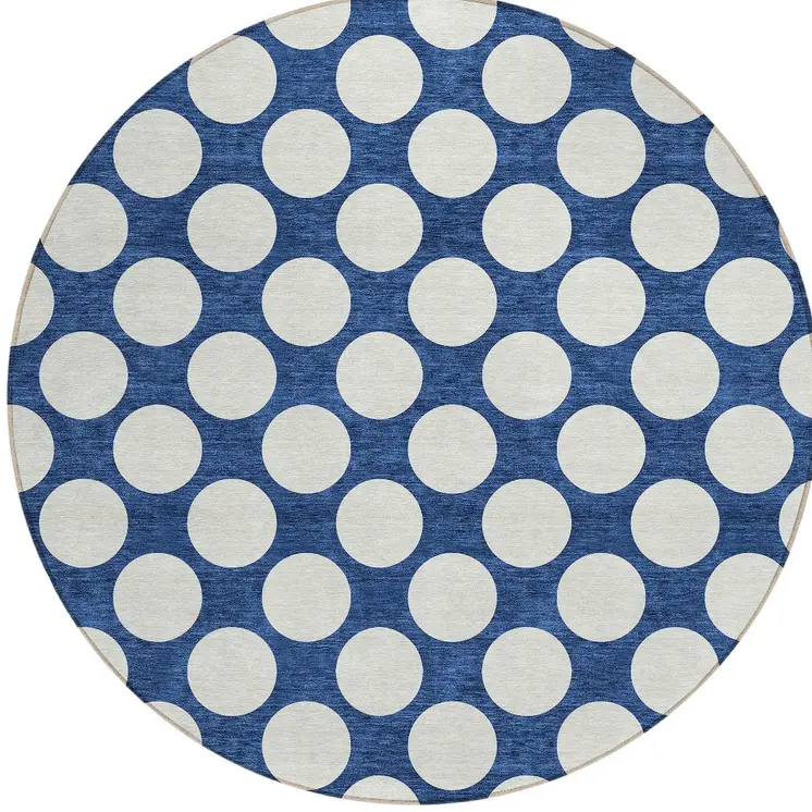 8' Navy Blue And Ivory Round Polka Dot Washable Indoor Outdoor Area Rug