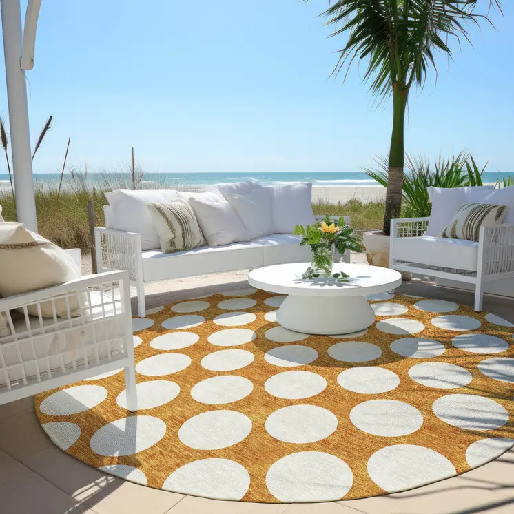8' Orange And Ivory Round Polka Dot Washable Indoor Outdoor Area Rug