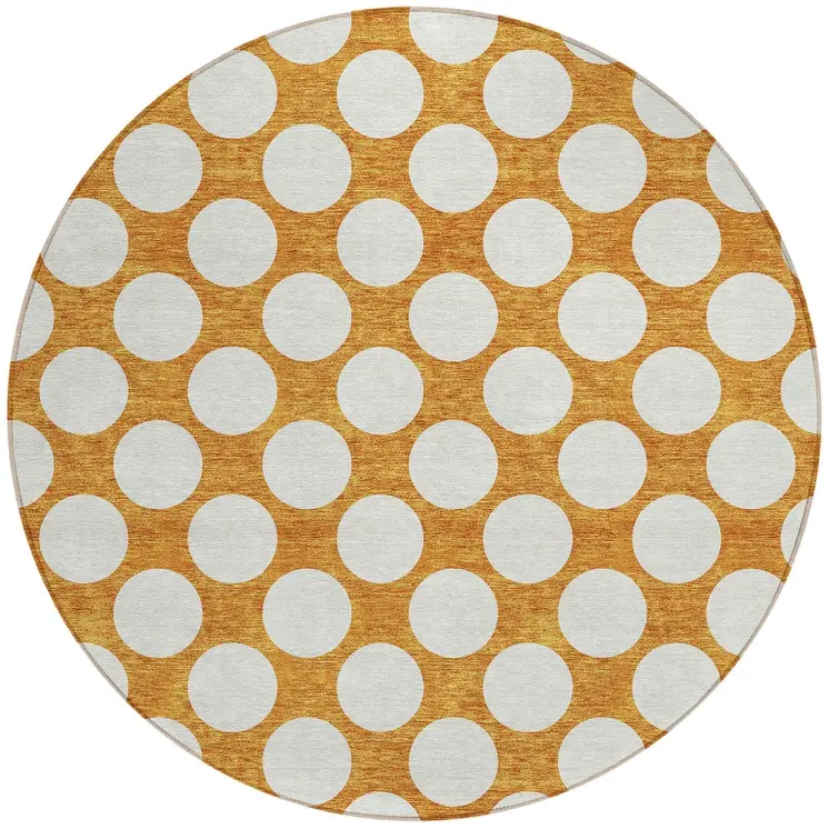 8' Orange And Ivory Round Polka Dot Washable Indoor Outdoor Area Rug