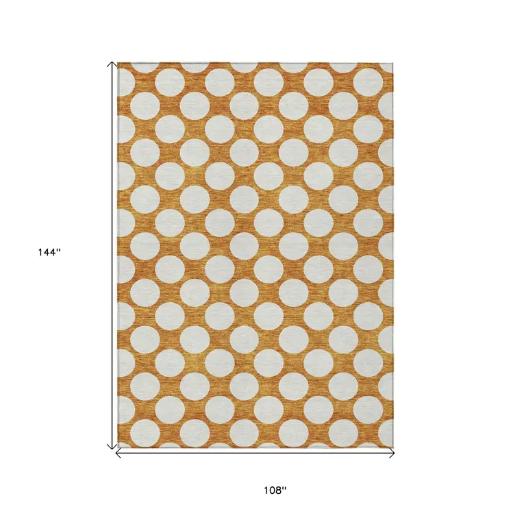 9' X 12' Orange And Ivory Polka Dot Washable Indoor Outdoor Area Rug