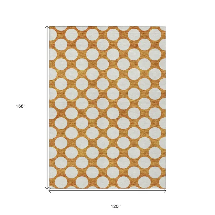 10' X 14' Orange And Ivory Polka Dot Washable Indoor Outdoor Area Rug