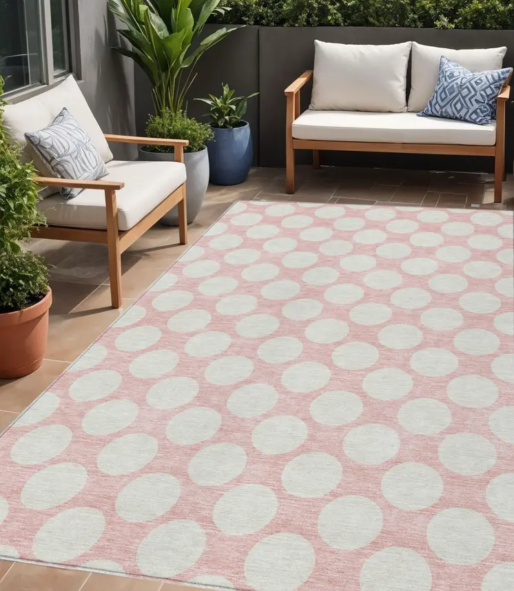 5' X 8' Pink And Gray Polka Dot Washable Indoor Outdoor Area Rug