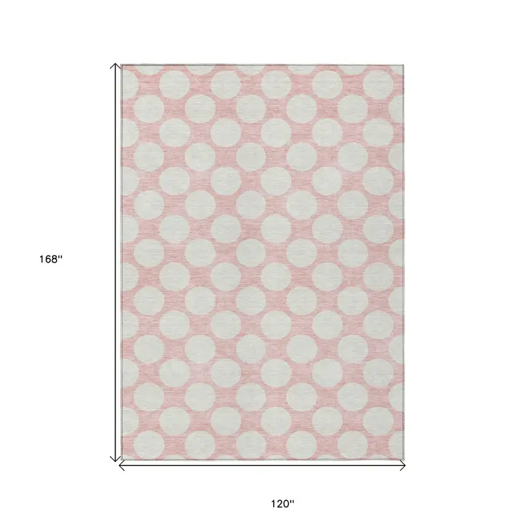 10' X 14' Pink And Gray Polka Dot Washable Indoor Outdoor Area Rug