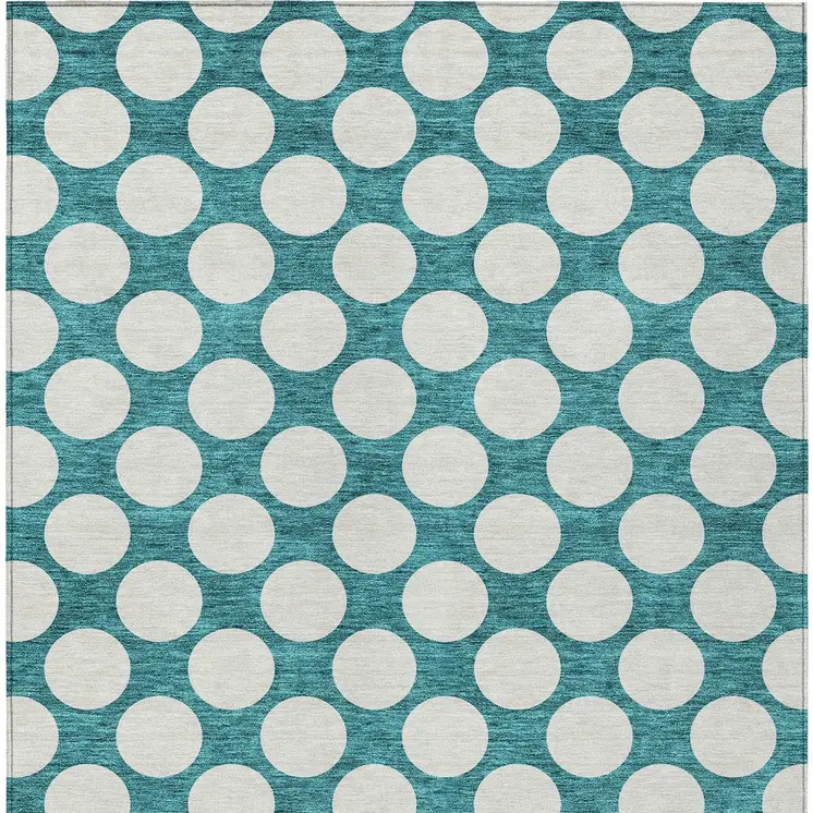 3' X 5' Teal Blue And Ivory Polka Dot Washable Indoor Outdoor Area Rug