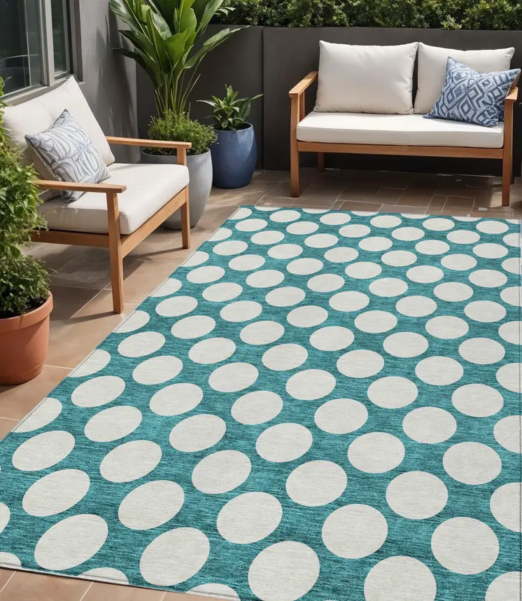 5' X 8' Teal Blue And Ivory Polka Dot Washable Indoor Outdoor Area Rug