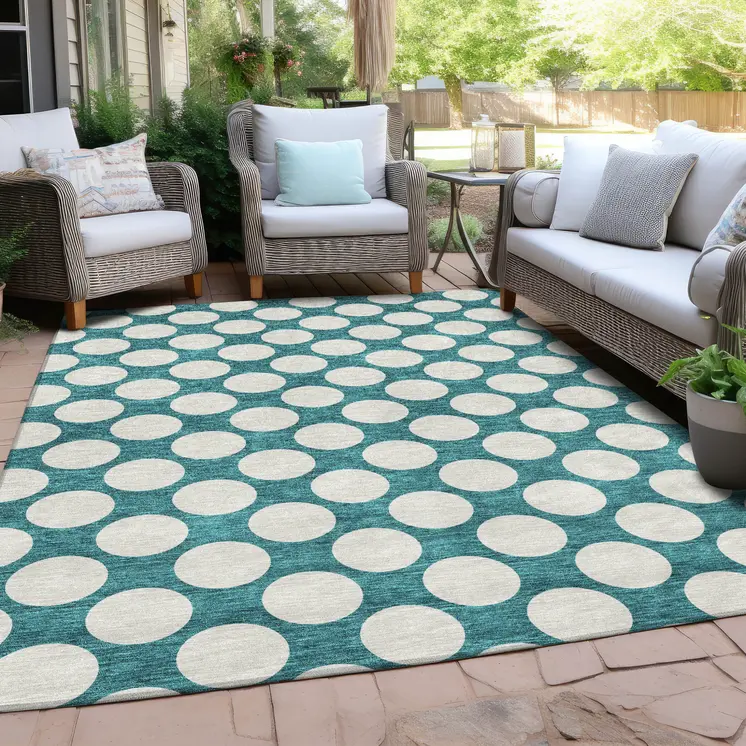 5' X 8' Teal Blue And Ivory Polka Dot Washable Indoor Outdoor Area Rug