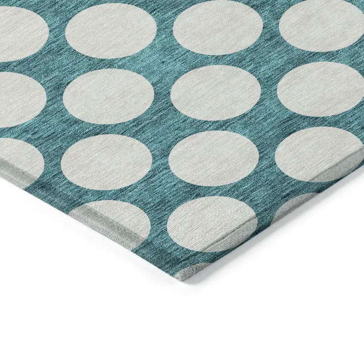 5' X 8' Teal Blue And Ivory Polka Dot Washable Indoor Outdoor Area Rug