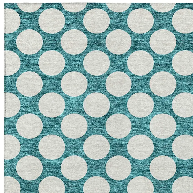 5' X 8' Teal Blue And Ivory Polka Dot Washable Indoor Outdoor Area Rug