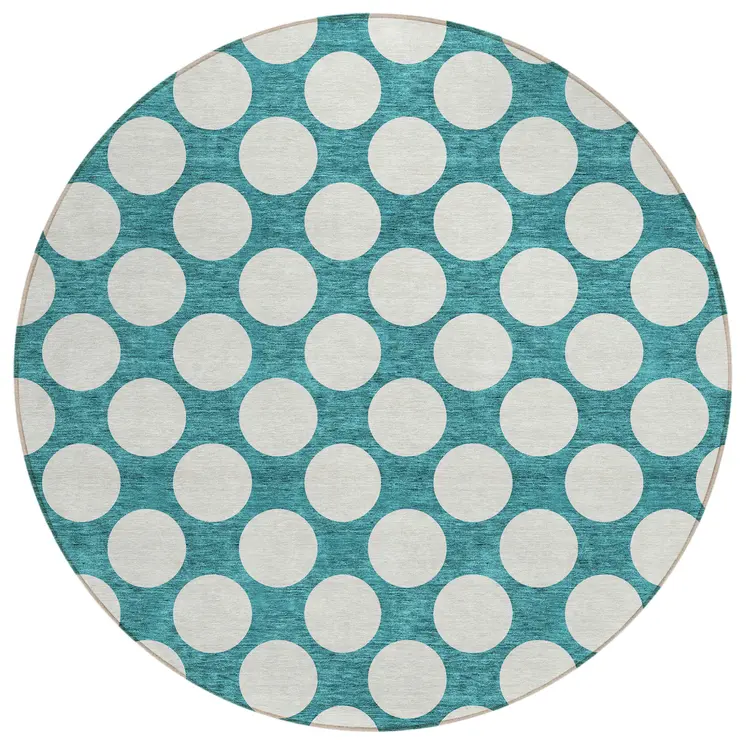 8' Teal Blue And Ivory Round Polka Dot Washable Indoor Outdoor Area Rug