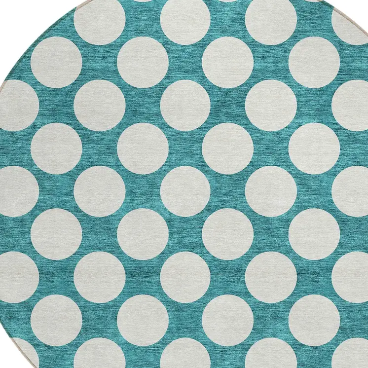 8' Teal Blue And Ivory Round Polka Dot Washable Indoor Outdoor Area Rug