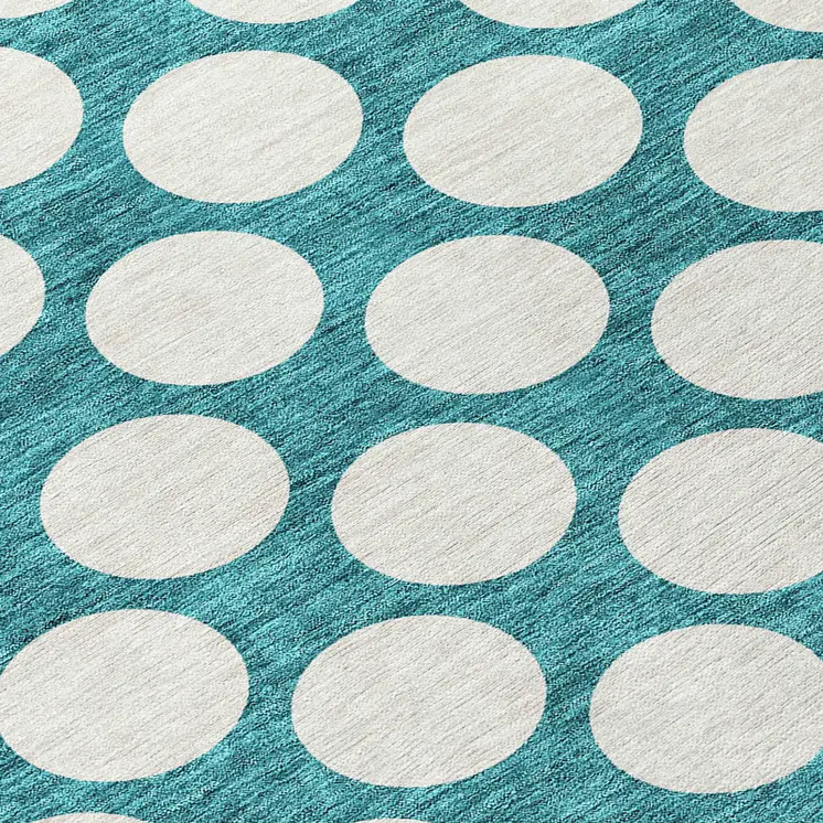 8' Teal Blue And Ivory Round Polka Dot Washable Indoor Outdoor Area Rug
