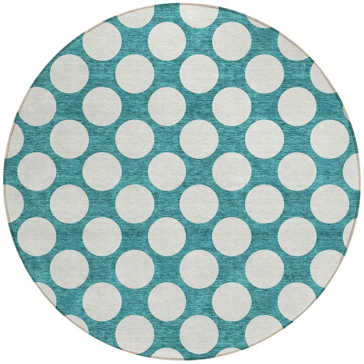 8' Teal Blue And Ivory Round Polka Dot Washable Indoor Outdoor Area Rug