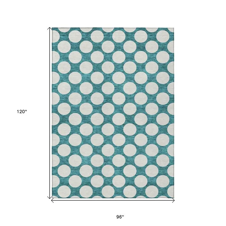 8' X 10' Teal Blue And Ivory Polka Dot Washable Indoor Outdoor Area Rug