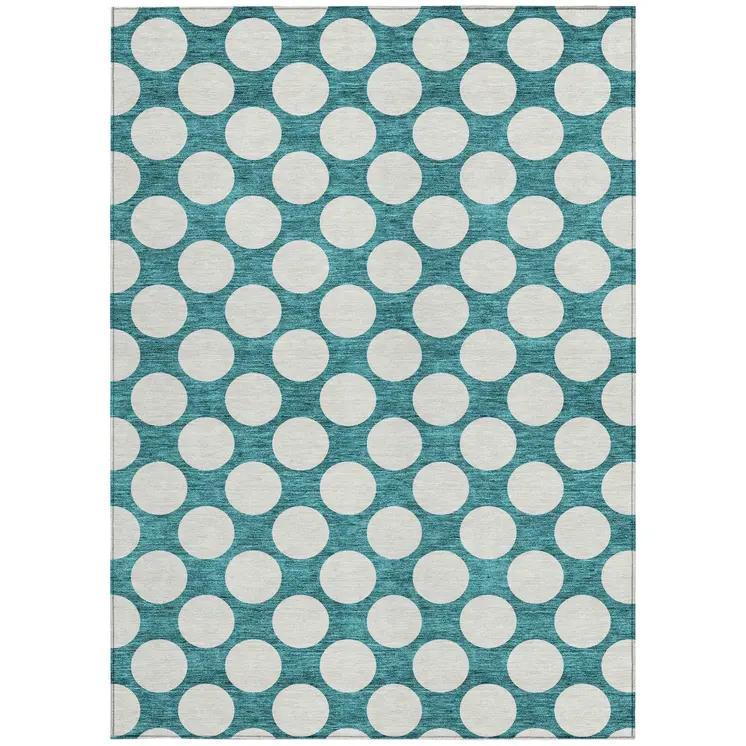 9' X 12' Teal Blue And Ivory Polka Dot Washable Indoor Outdoor Area Rug