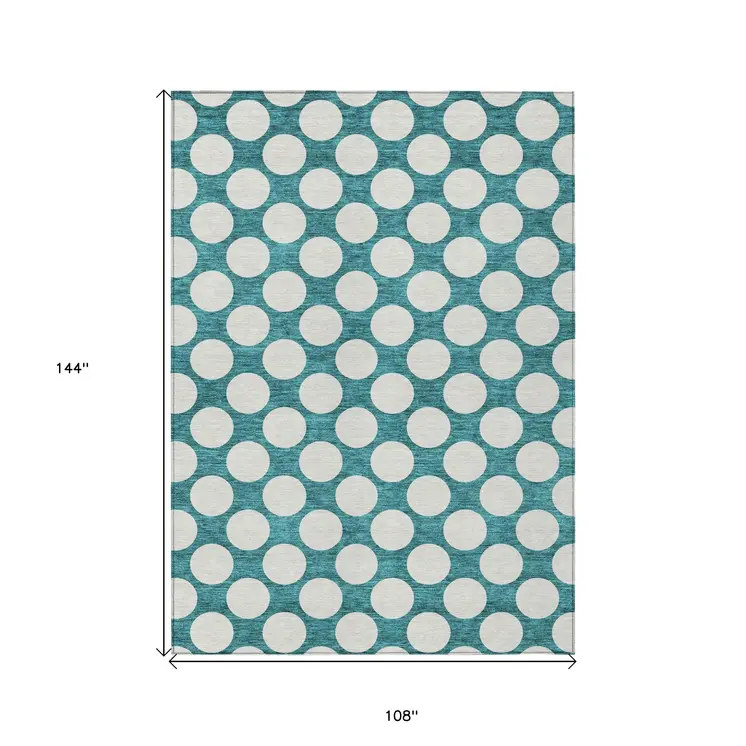 9' X 12' Teal Blue And Ivory Polka Dot Washable Indoor Outdoor Area Rug