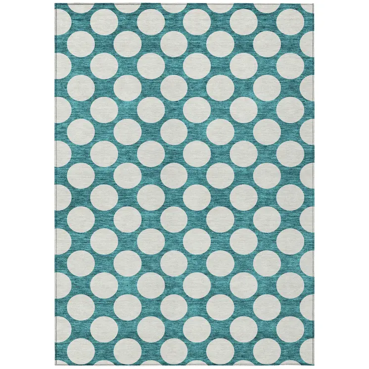 9' X 12' Teal Blue And Ivory Polka Dot Washable Indoor Outdoor Area Rug