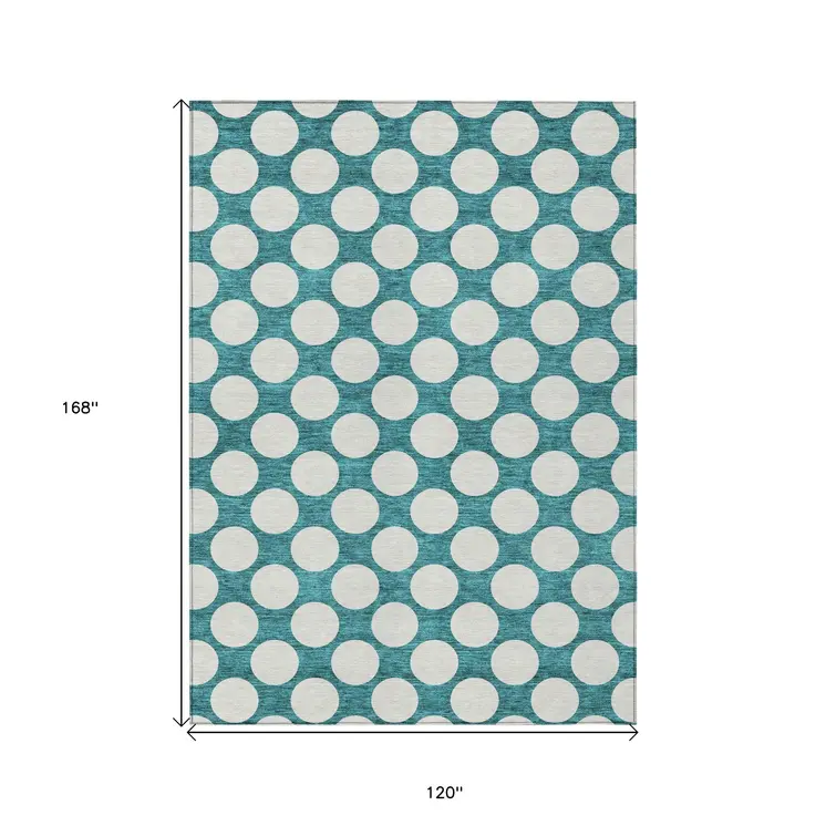 10' X 14' Teal Blue And Ivory Polka Dot Washable Indoor Outdoor Area Rug