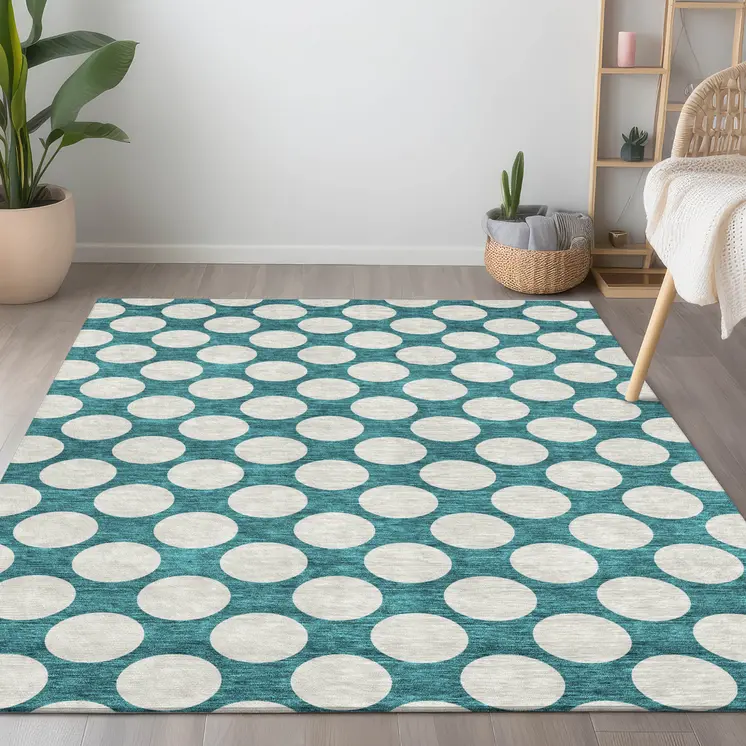 10' X 14' Teal Blue And Ivory Polka Dot Washable Indoor Outdoor Area Rug