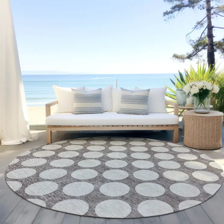 8' Taupe And Gray Round Polka Dot Washable Indoor Outdoor Area Rug
